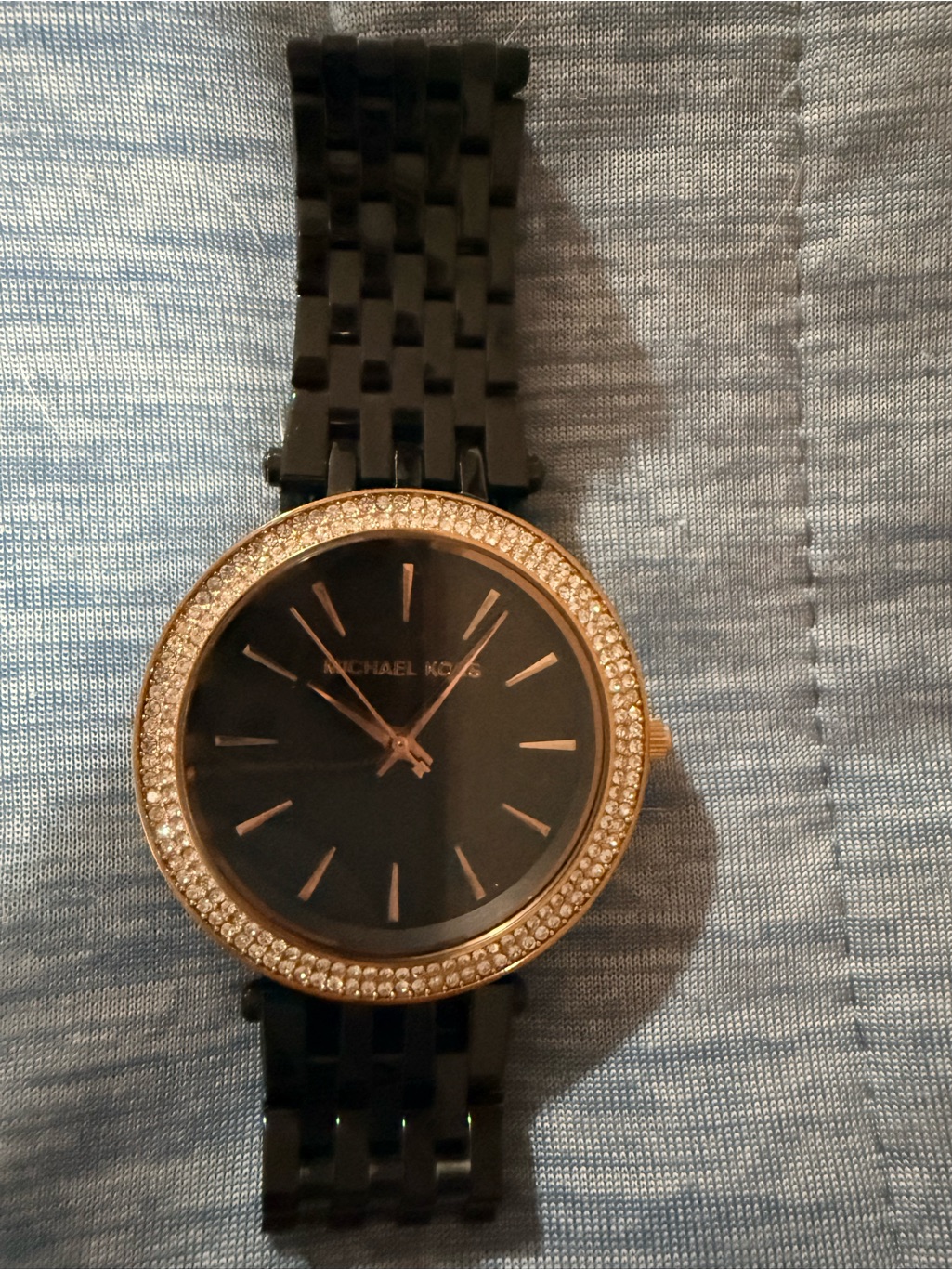 Michael Kors Black Dial Watch With Gold Crystal Bezel